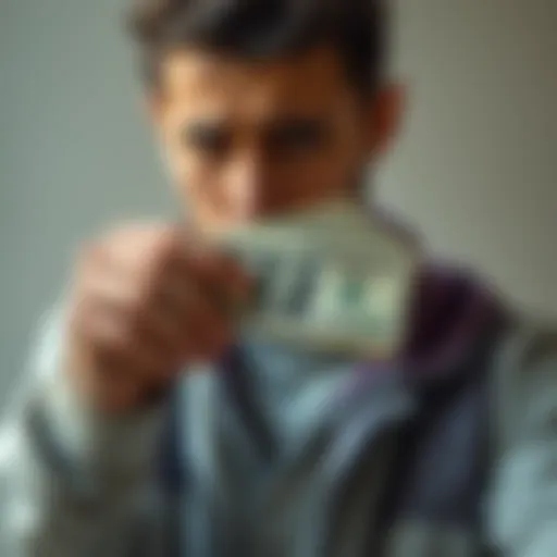 A person holding cash with a worried expression, symbolizing financial hardship and support programs.