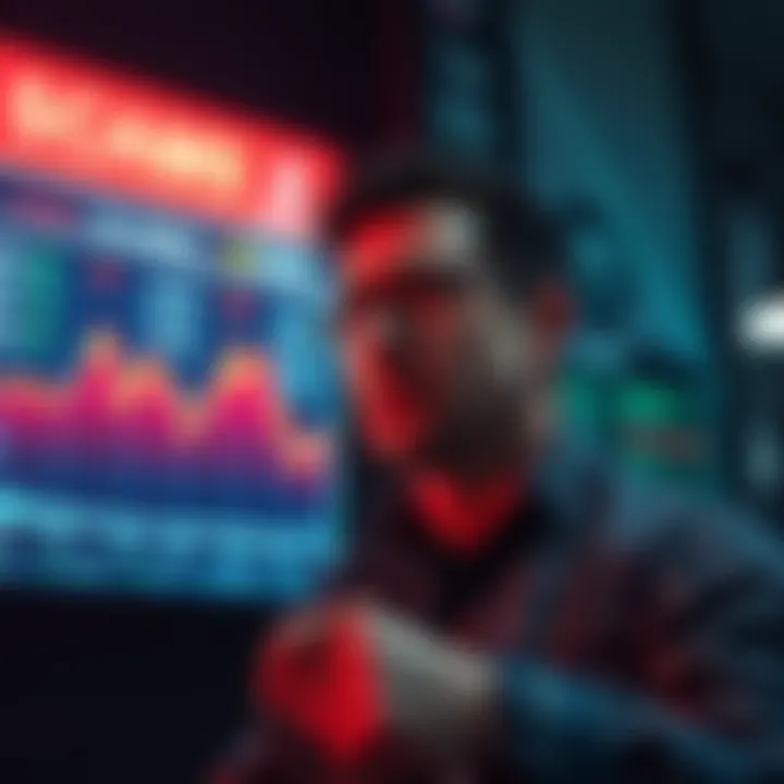 A worried investor watches stock prices drop on a digital screen, with alerts about potential scams flashing in the background.
