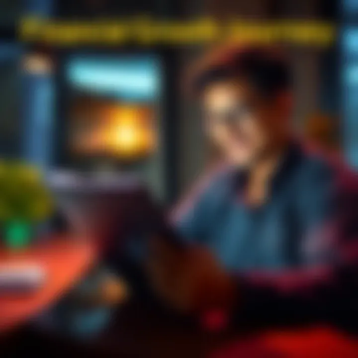 A person smiling while examining financial documents and a laptop, symbolizing new income streams and financial success.