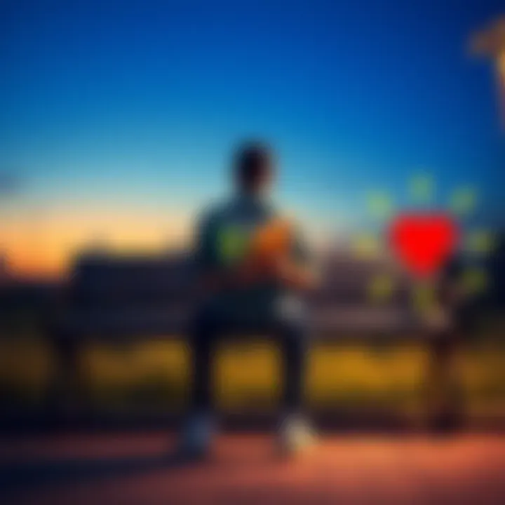 A person sits on a bench, looking thoughtful with a notebook in hand. One side shows a dollar sign symbolizing financial independence, while the other side has a heart symbolizing therapy. They appear...