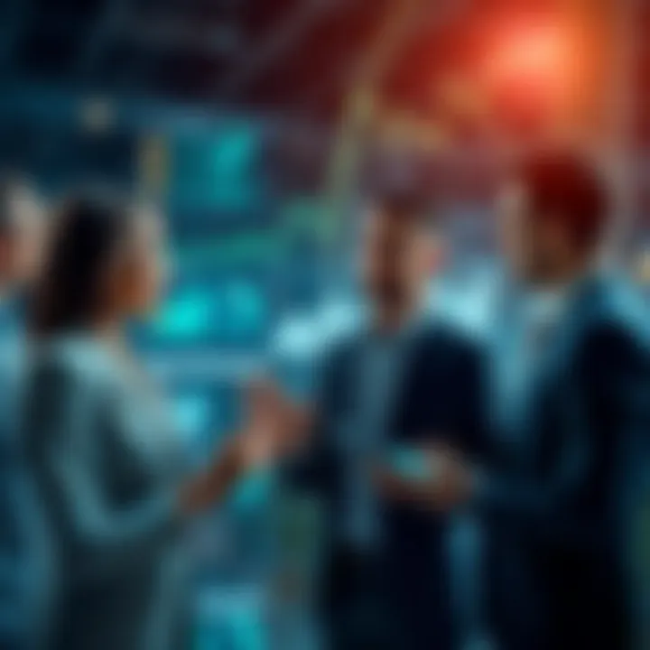 Financial Institutions Embracing Technology Group of business professionals discussing technology integration in finance with digital charts and graphs