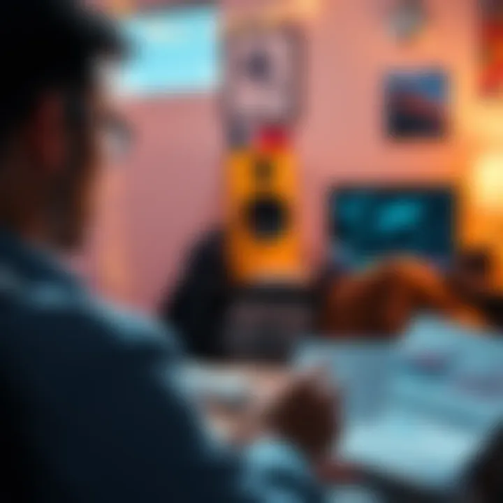 A person reflecting on their financial journey with cryptocurrency, showing charts and investment papers in a home office setting.