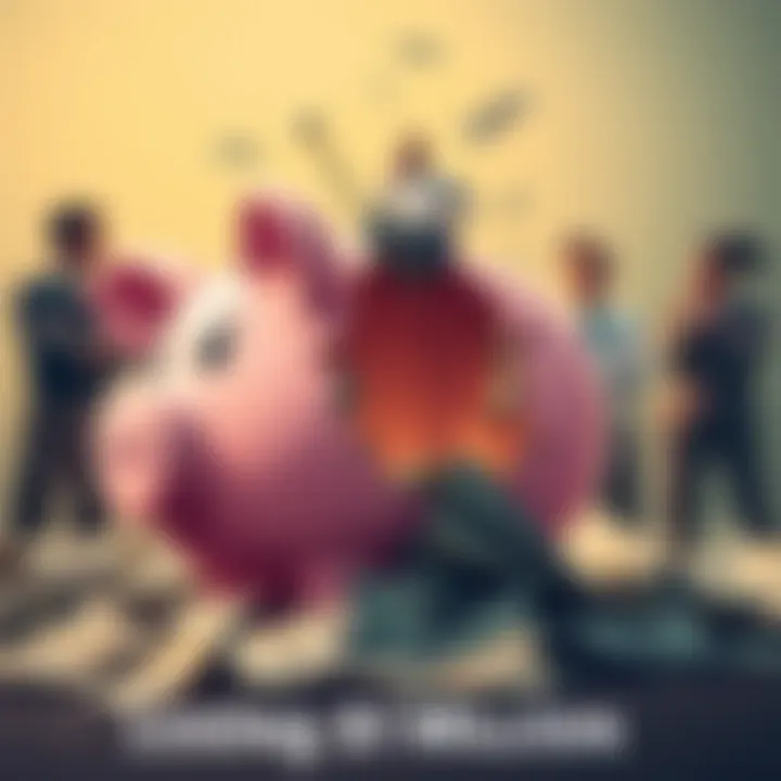 A broken piggy bank with cash spilling out and worried people in the background contemplating their financial mistakes.