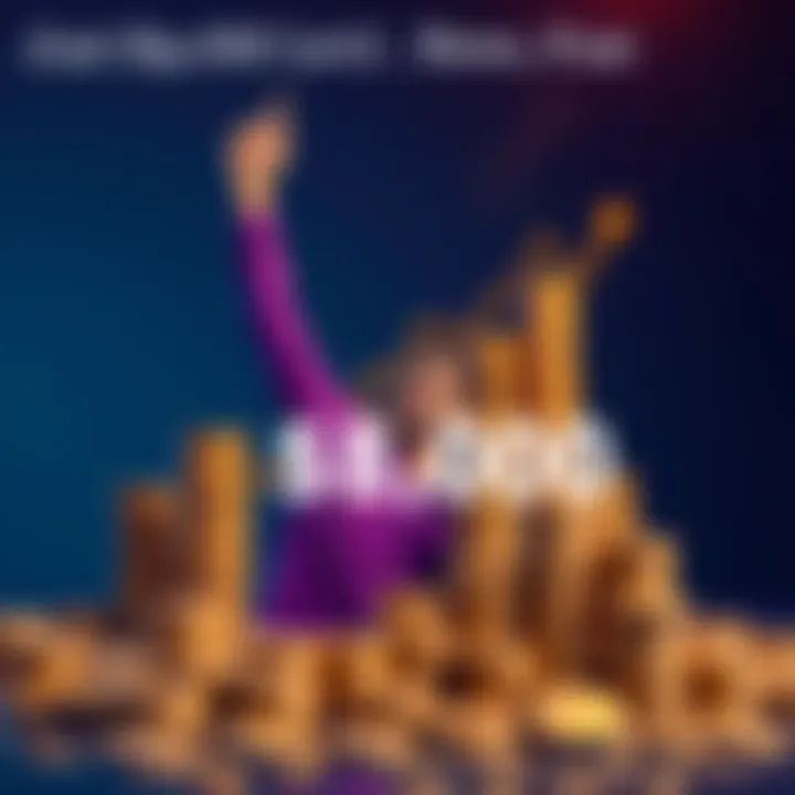 Person celebrating reaching a financial milestone with a chart showing progress towards their goal and stacks of coins in the background