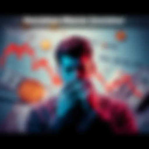 A worried person looking at a Bitcoin chart with red downward trends, surrounded by dollar bills and financial documents.