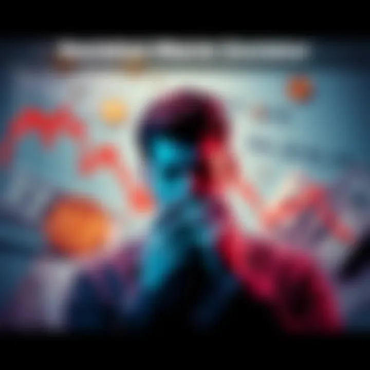 A worried person looking at a Bitcoin chart with red downward trends, surrounded by dollar bills and financial documents.