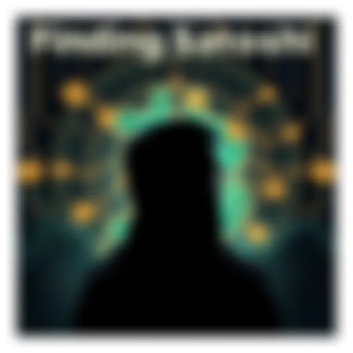 A poster featuring a silhouette of Satoshi Nakamoto with Bitcoin symbols in the background, highlighting the themes of cryptocurrency origins and mystery.
