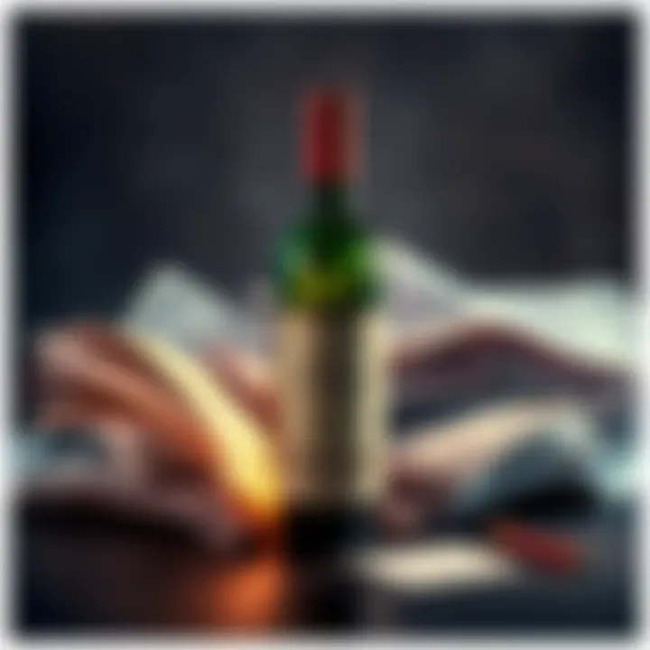 A bottle of fine wine next to a pile of bills and paperwork, symbolizing the contrast between valuable assets and stressors in life.