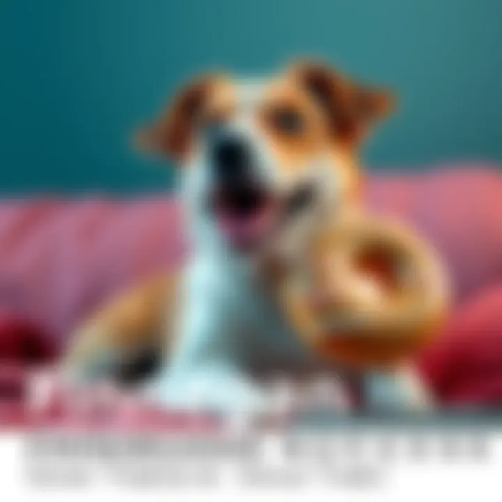 A happy dog named Finnegan sits comfortably with a donut treat after his neutering surgery, looking relaxed and cheerful