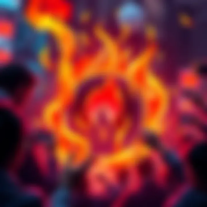 Illustration of a fire symbol representing the $FIRE meme coin with visuals of people holding coins and rewards increasing over time