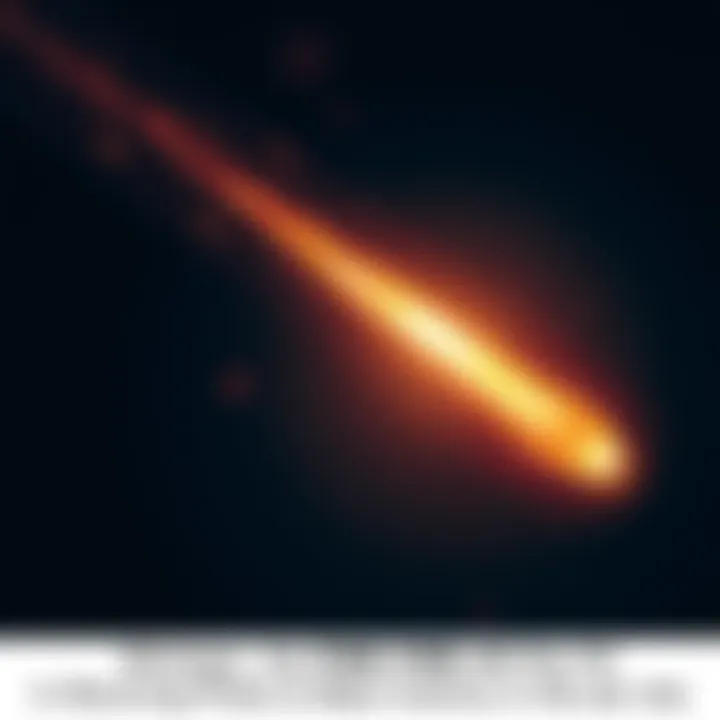 A bright fireball meteorite lighting up the dark sky with a tail of glowing particles