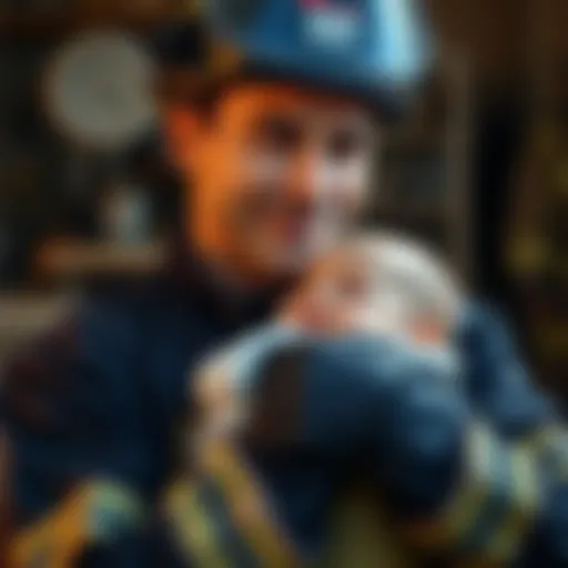 A firefighter in uniform gently holding a baby, showing a blend of duty and parenthood, with a soft smile.