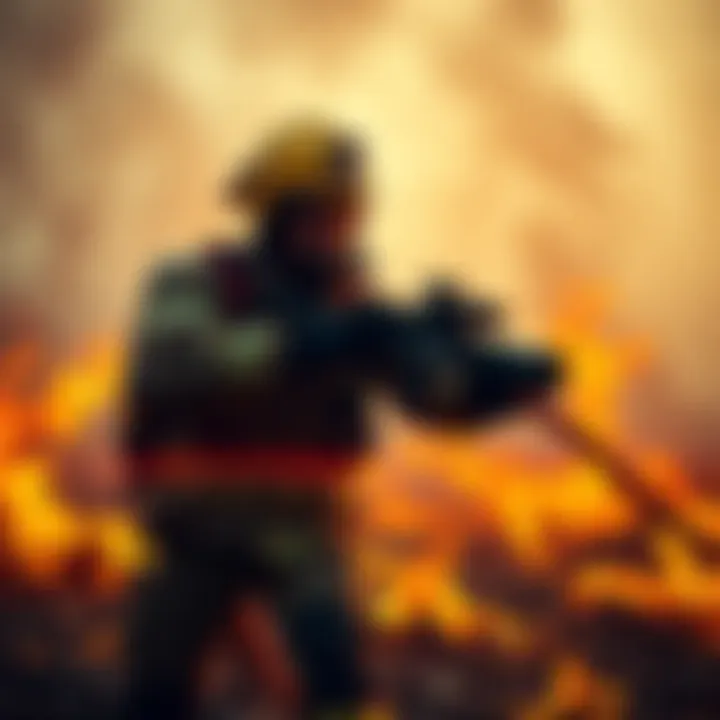 Wildland firefighter battling flames with equipment, showcasing the effort and dedication required for the job.