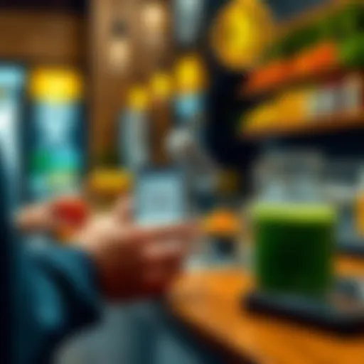 A customer scanning a QR code on their phone to complete a Bitcoin payment at a local juice shop, with a Green Juice on the counter.