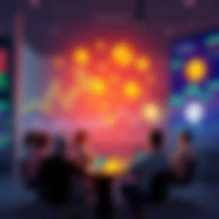 A vibrant scene showing people engaged in a discussion about cryptocurrency applications, with charts and digital currency symbols in the background, representing a breakthrough in the crypto sector.