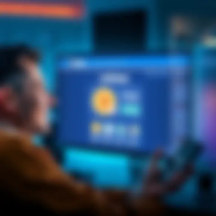 A person smiles while looking at a computer screen showing a Bitcoin purchase on Coinbase, with a Ledger cold wallet in view.