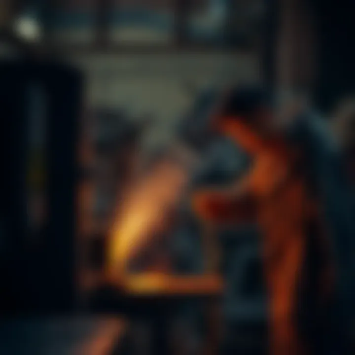 A person working at a smelter, focused on melting metal with intense heat and sparks flying around.