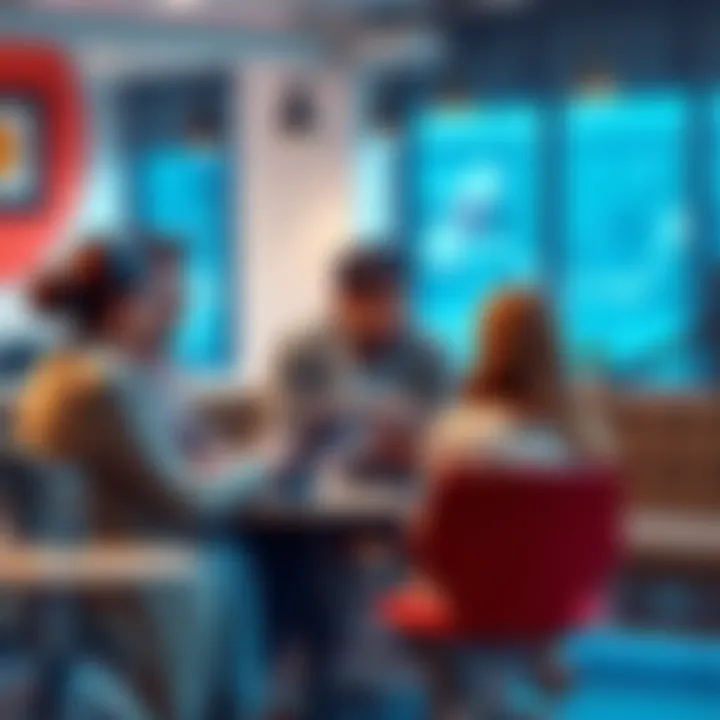 A group of people discussing job opportunities in a casual setting, with laptops and blockchain graphics around them