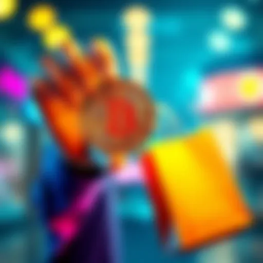A person holding a Bitcoin in one hand and a shopping bag in the other, representing their first transaction using Bitcoin.
