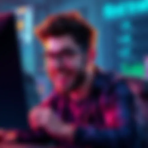 A developer celebrating their first transaction fee from a decentralized application with a happy expression and a computer screen showing the transaction details