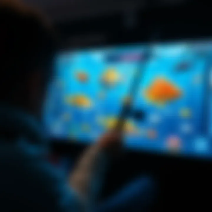 A person playing a fishing video game, focused on the screen with a fishing rod in hand, showcasing various fish and a vibrant game environment.