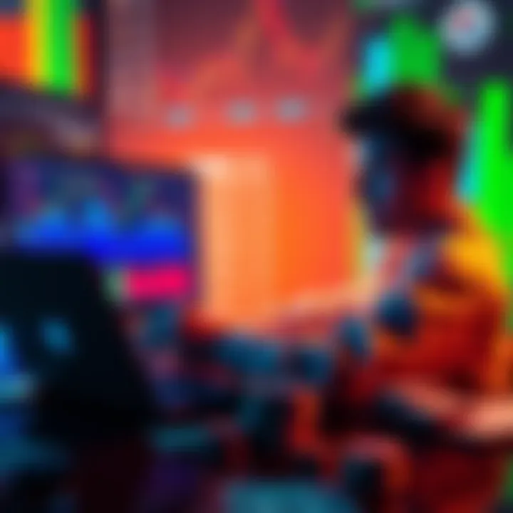 A person looking at fluctuating cryptocurrency charts on a laptop, contemplating selling Flare coins and reinvesting, with dollar bills and coins nearby.