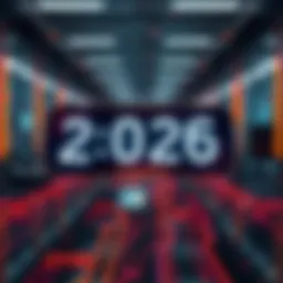 A digital countdown timer indicating the launch of Flexa's terminal update in 2026, with a modern tech background.