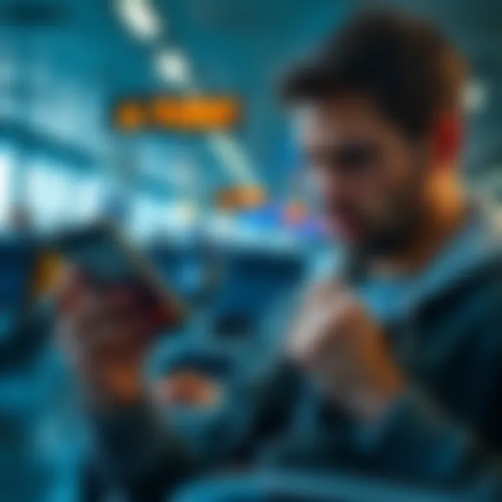 A person looking frustrated while holding a credit card and a phone with crypto app open, reflecting on payment issues at an airport