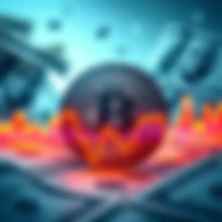 A digital representation of buttcoin with a fluctuating graph line and dollar bills in the background, depicting its value changes in an unstable economy.