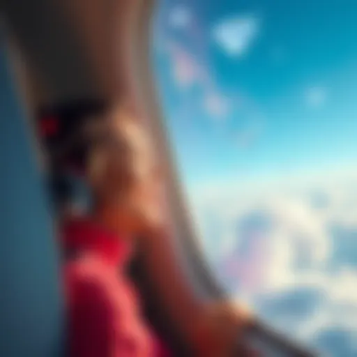 A person looking out of an airplane window, smiling at the thought of catching diamonds in the sky, with clouds and blue sky in the background.