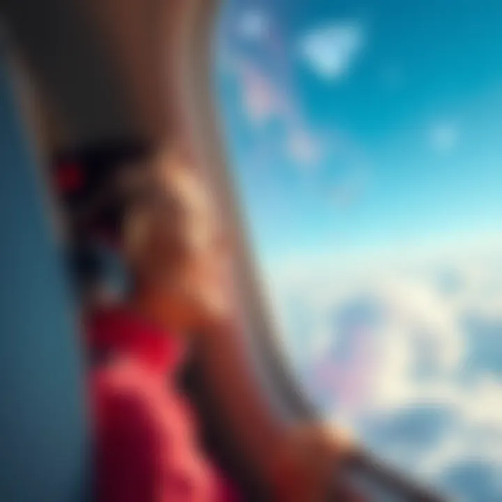 A person looking out of an airplane window, smiling at the thought of catching diamonds in the sky, with clouds and blue sky in the background.