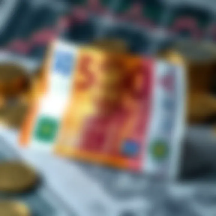 A 50 Euro banknote folded to show an image resembling Baal with a backdrop of financial symbols and coins