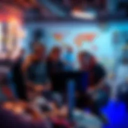 A group of game developers collaborating, with a focus on one using Unreal Engine. They are in a cozy workspace filled with game designs and boards.
