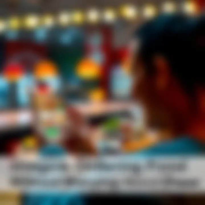 A person happily ordering food on their phone with a variety of dishes displayed on the screen, symbolizing indulgence without cost worries.