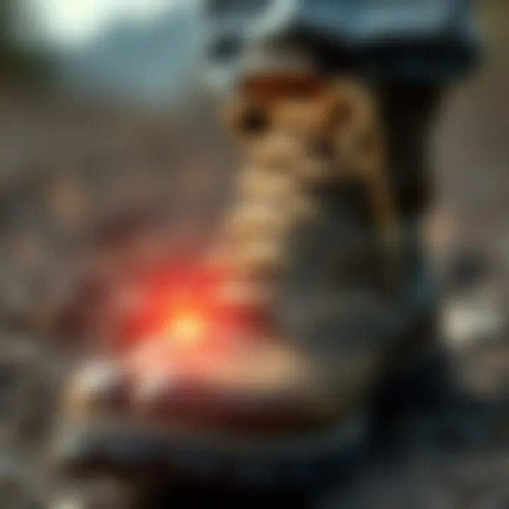 A close-up of a person's foot in a worn-out boot with tight laces, highlighting discomfort in the arch and toes