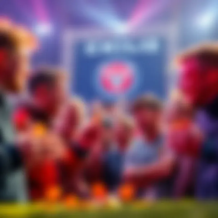 A group of football fans holding tokens while discussing club decisions, with a banner showing a team logo in the background