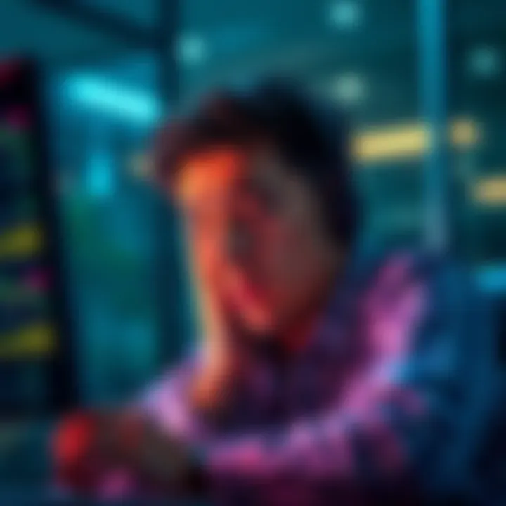 A worried business person looking at a computer screen while waiting for a payment confirmation for an overseas transaction.