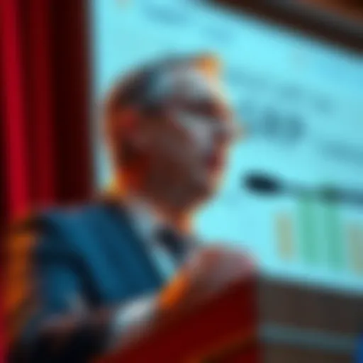 A former SWIFT executive speaking at a podium, expressing criticism of XRP and Ripple's technology.