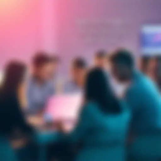 A group of people engaging in a lively online forum discussion on laptops and mobile devices, representing the evolution of online communication.