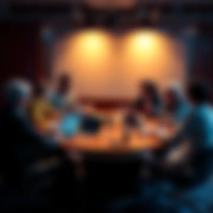 A diverse group of people discussing online moderation at a round table, with laptops and notepads.