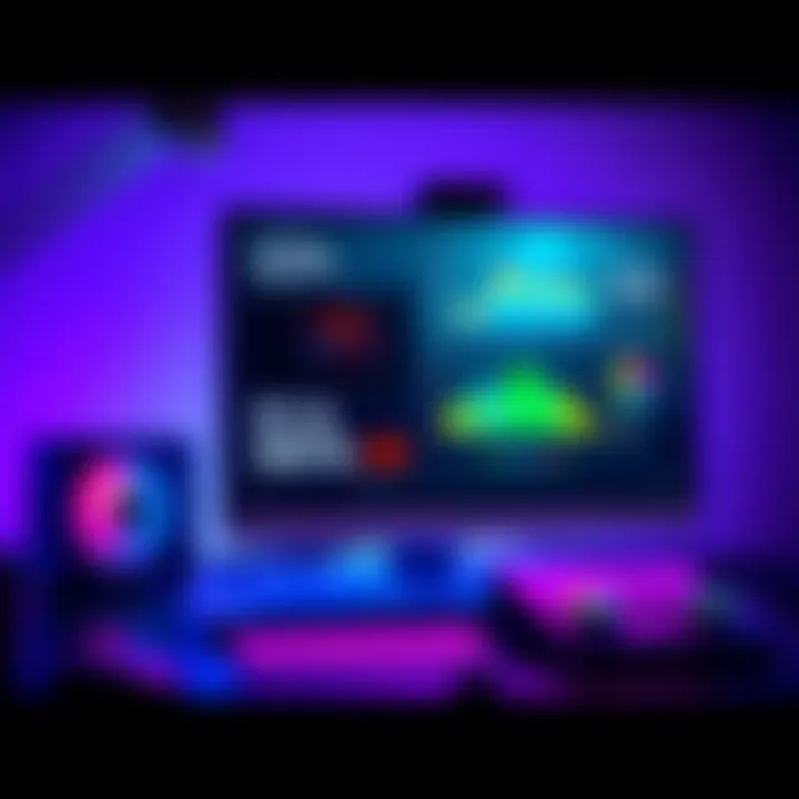 A sleek desktop rig showcasing high-end components and performance metrics on a monitor.