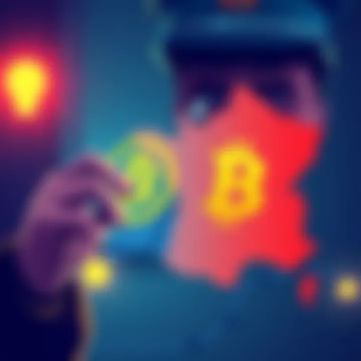 Illustration showing a police officer examining a digital currency logo with a map of France in the background, symbolizing the rise in crypto-related kidnappings and crime prevention efforts.