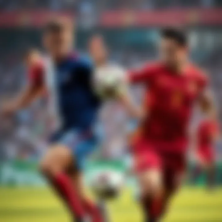 Two soccer players from France and Spain competing for the ball in a heated match