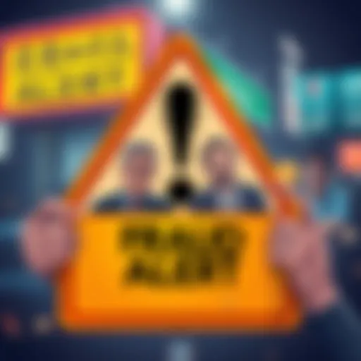 A warning sign with the words 'Fraud Alert' alongside images of D. Wang and Steve Guo, symbolizing deceit and scams.