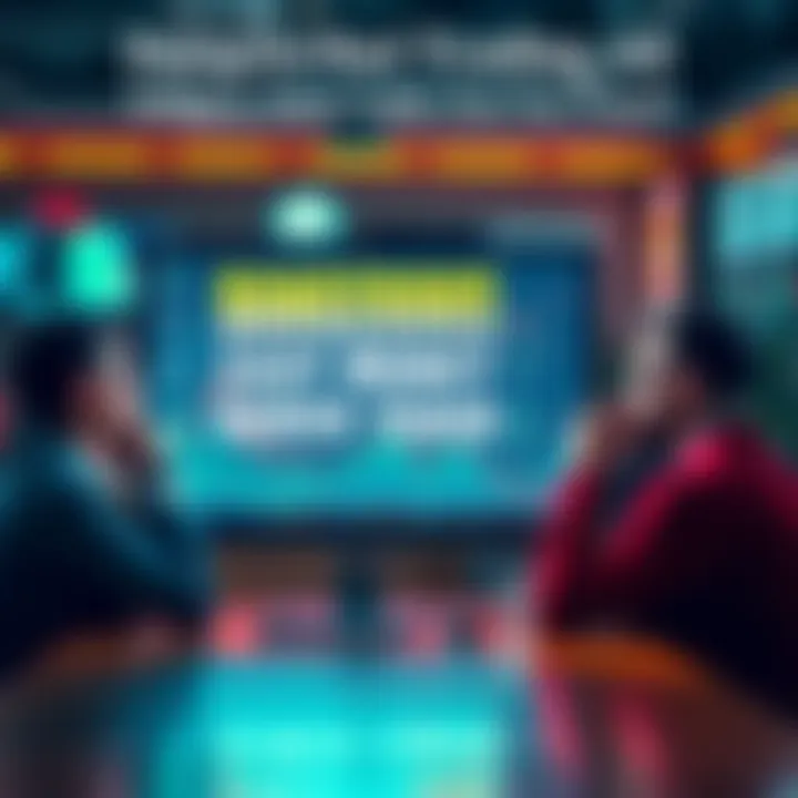 A computer screen displays a flashy advertisement promising easy money from trading, with worried people in the background pondering their financial choices.