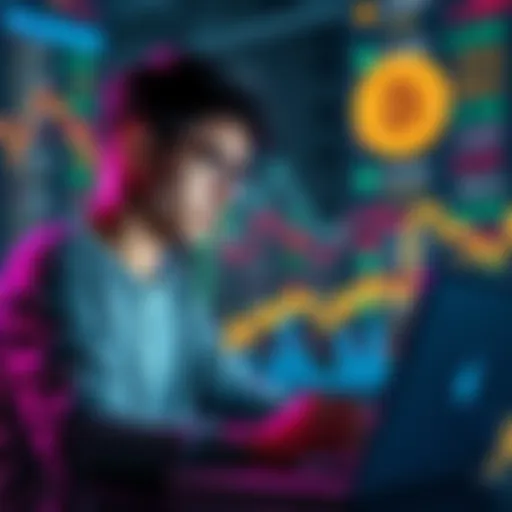 A freelancer looks worried while reviewing exchange rates on a laptop, with digital currency symbols in the background