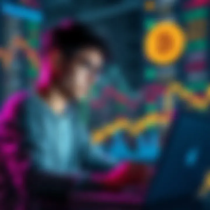 A freelancer looks worried while reviewing exchange rates on a laptop, with digital currency symbols in the background