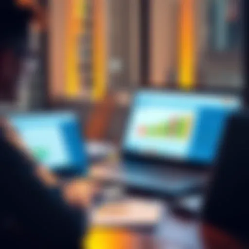 A freelancer using a laptop to track USDC income with invoicing software and financial documents around