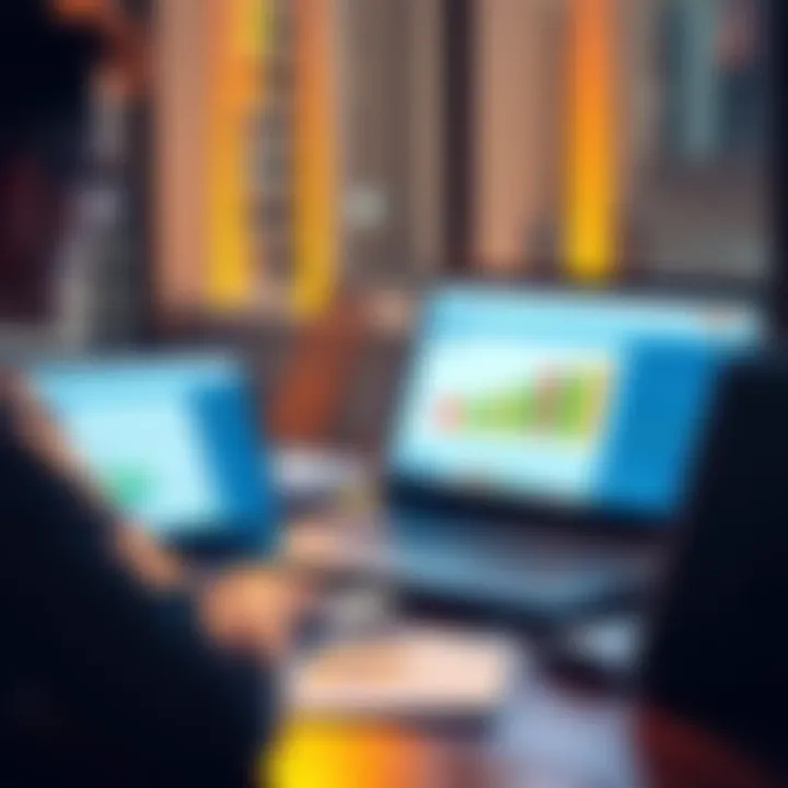 A freelancer using a laptop to track USDC income with invoicing software and financial documents around