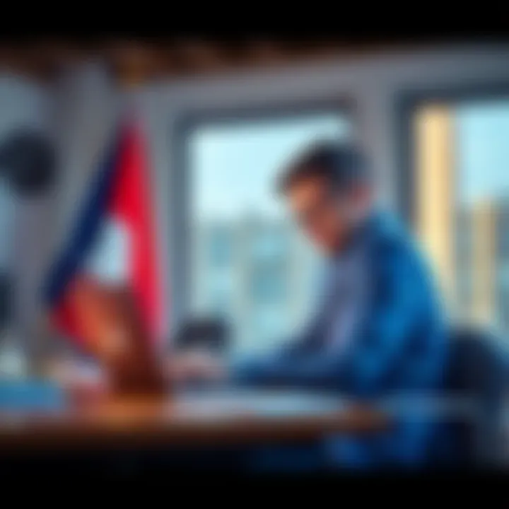 A person sitting at a desk with a laptop, looking at a French bank website, planning to open an account from the US, with French flag in the background.